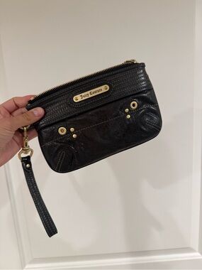 Juicy Couture Black Leather Wristlet with Gold Hardware